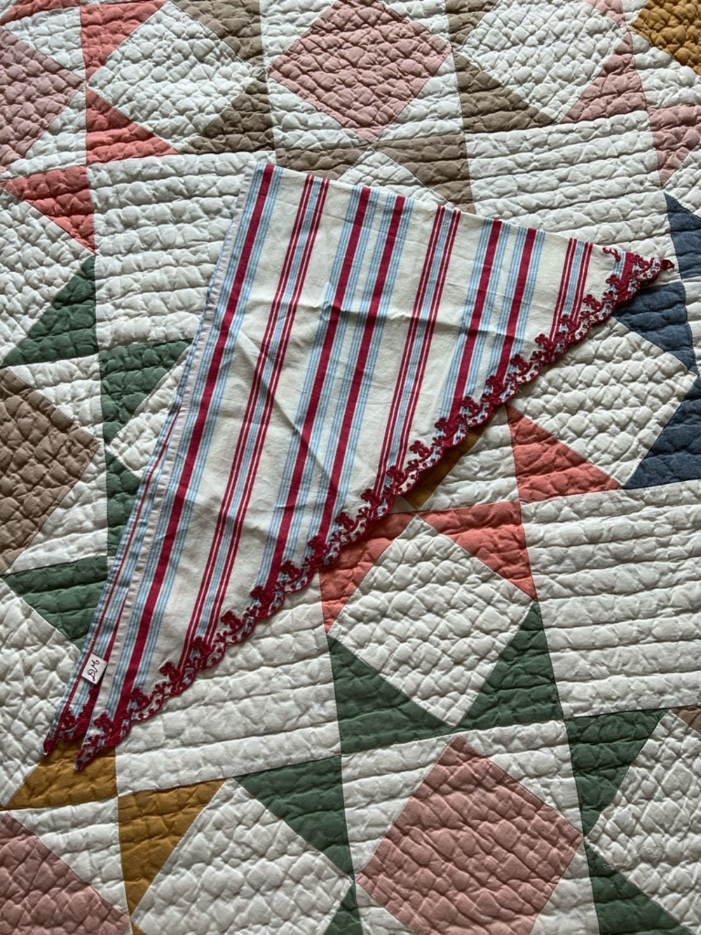 Damson Madder Triangle Headscarf with Red Embroidered Trim